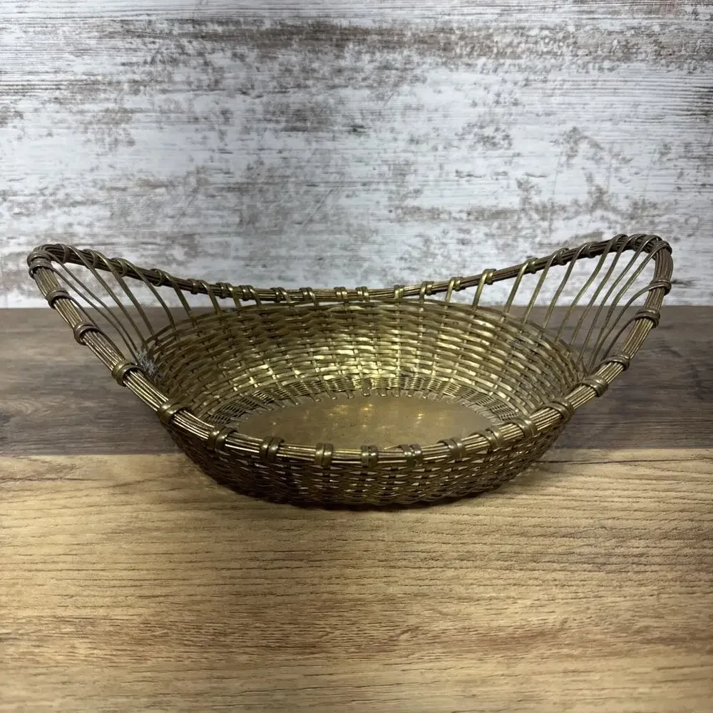 Vintage Woven Brass Bread Basket Gondola Oval Shape Made In India 11